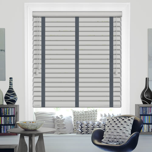 50mm Mara Light Grey Faux Wood Blinds, Grey Faux Wooden Blinds With Tapes