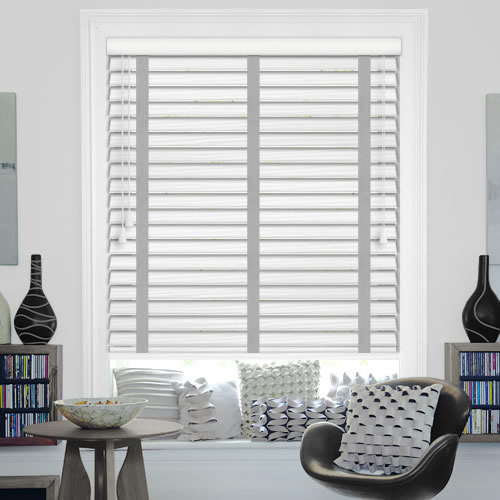 50mm White Fine Grain Faux Wood Blinds, Wooden Faux Blinds With Tapes