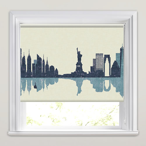 New York Skyline Patterned Roller Blinds in Cream & Blue