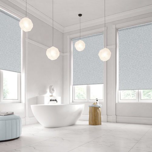 Leafy Patterned Waterproof Bathroom Roller Blinds in Blue Grey