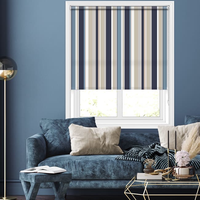 Contemporary Vertical Striped Roller Blinds in Blue, Brown & White