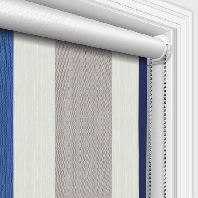 Broad Vertical Striped Roller Blinds in Royal & Navy Blue, Taupe & Cream