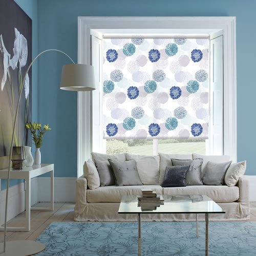 Petrol Blue & Teal Chrysanthemum Patterned Roller Blinds