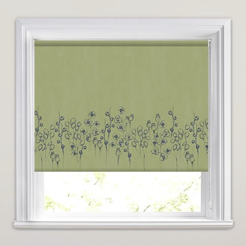 Rich Sage Green & Ink Sketched Poppies Patterned Roller Blinds